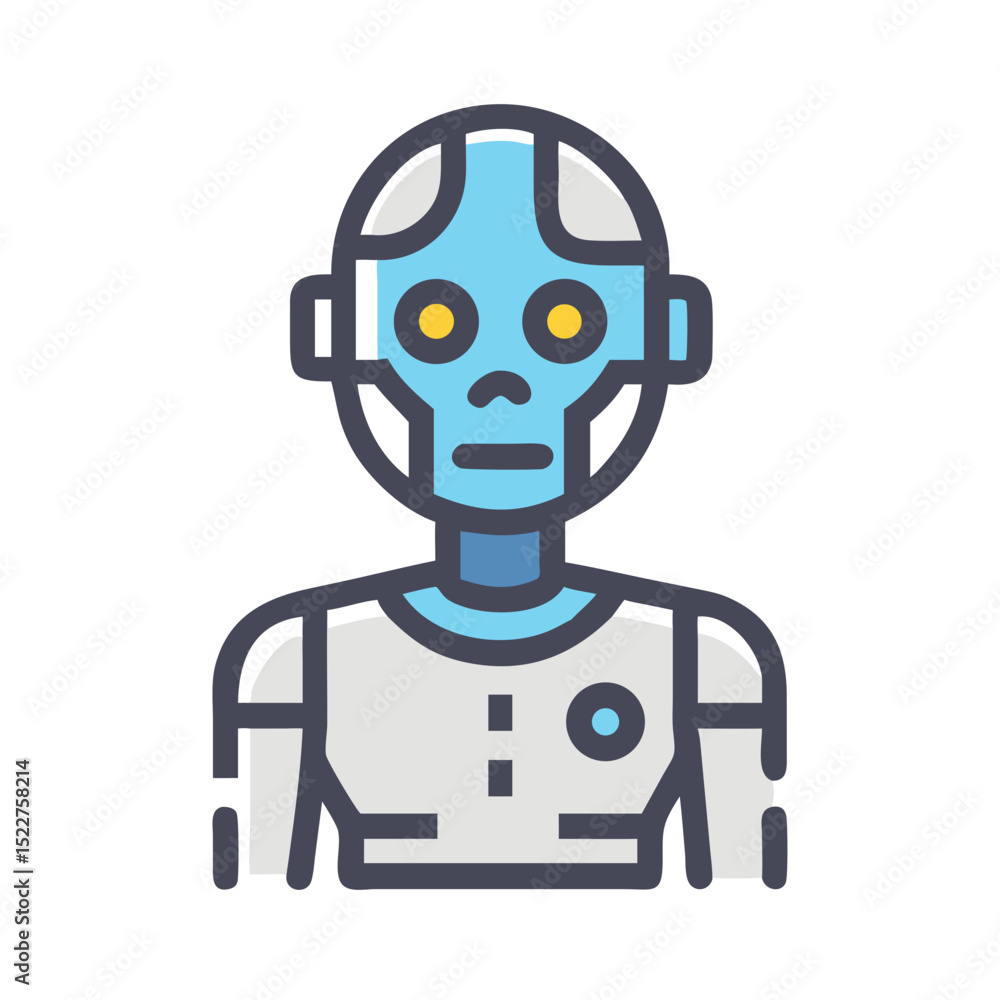 Poster robot character with blue features and circular eyes in flat design