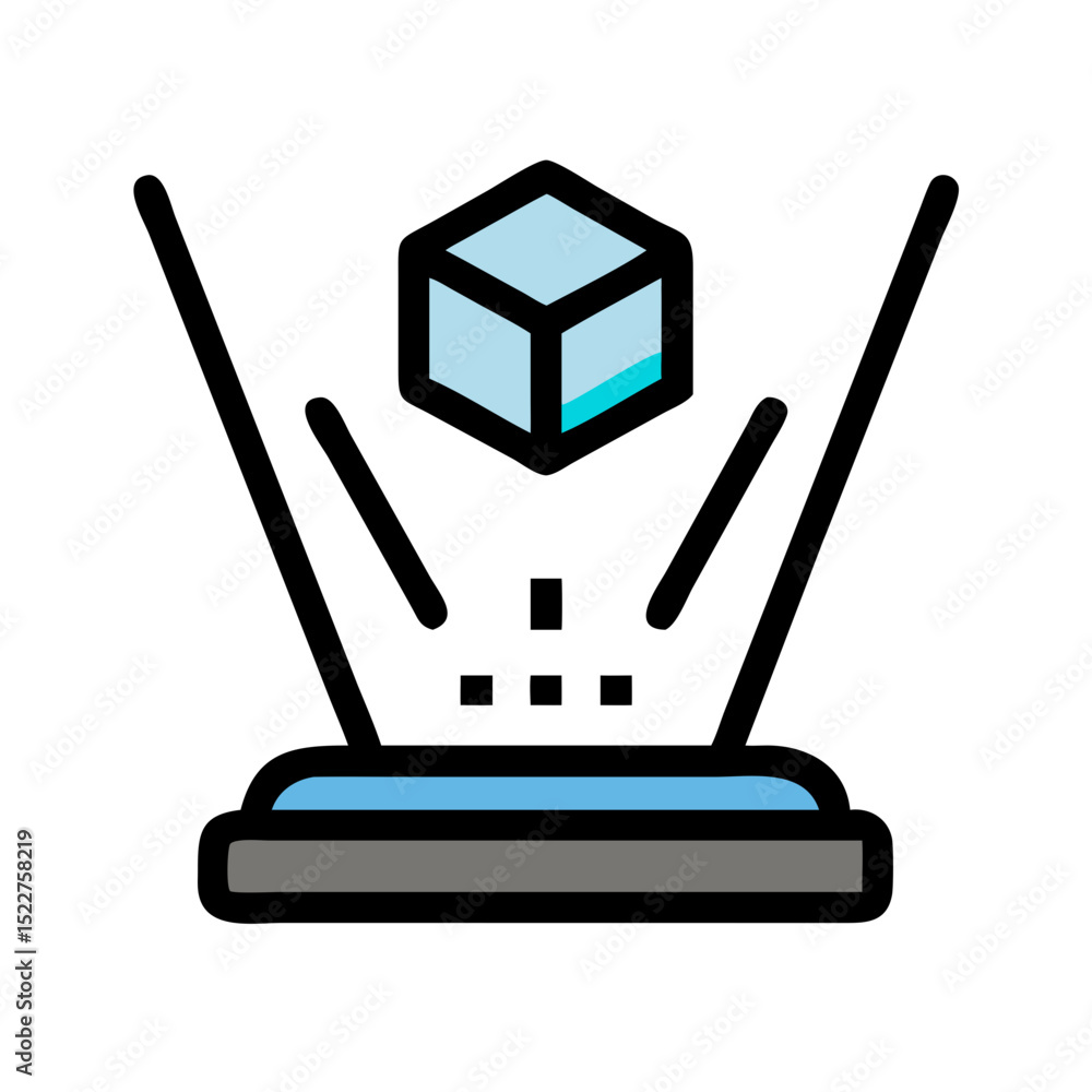Poster hologram display with a floating cube in futuristic style