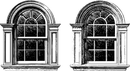 Engraved illustration set of federal style windows for architectural design