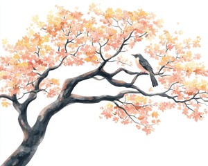 The scene depicts birds amidst a maple tree on a nature landscape view featured on a card with a modern sketch illustration of Japanese, Chinese, and Oriental line art