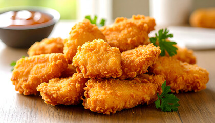 portion of breaded and fried chicken, placed on a wooden surface