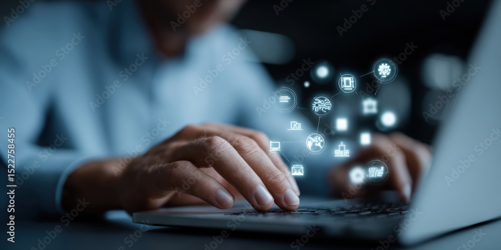 Poster person typing on a laptop with digital icons floating above the keyboard in a dark environment