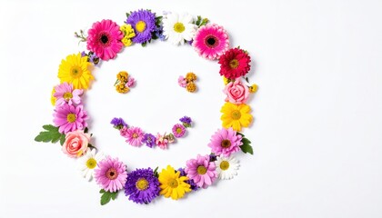 Floral smiley face. Circle of colorful flowers, white background, happy expression