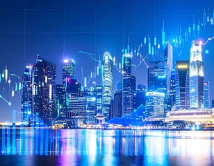 City skyline at night with financial data overlay
