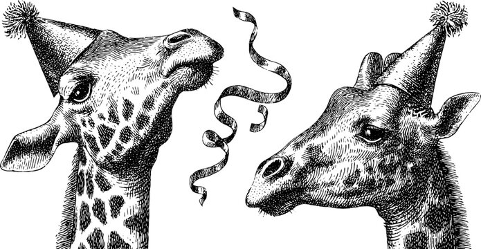 Festive engraved giraffes in party hats with streamers for celebration design - Powered by Adobe