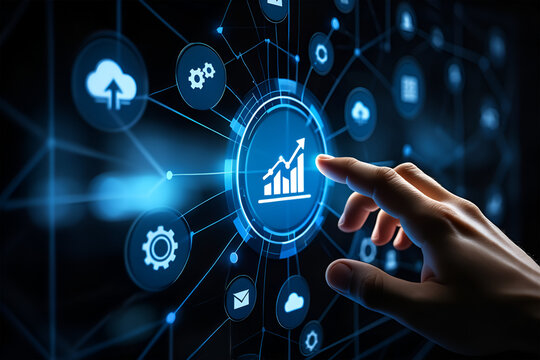 Business Data Analytics Dashboard with Growth Icon on Digital Interface – Dark Tech Background

