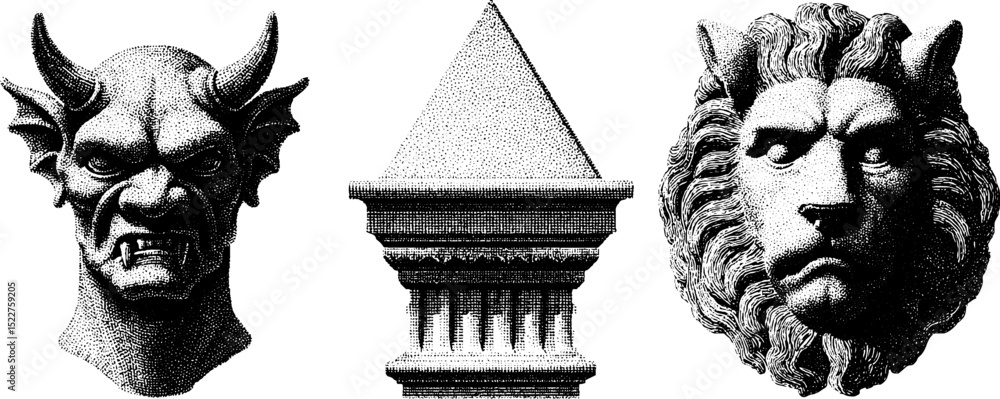 Poster gothic gargoyle and architectural element engraving set for design projects