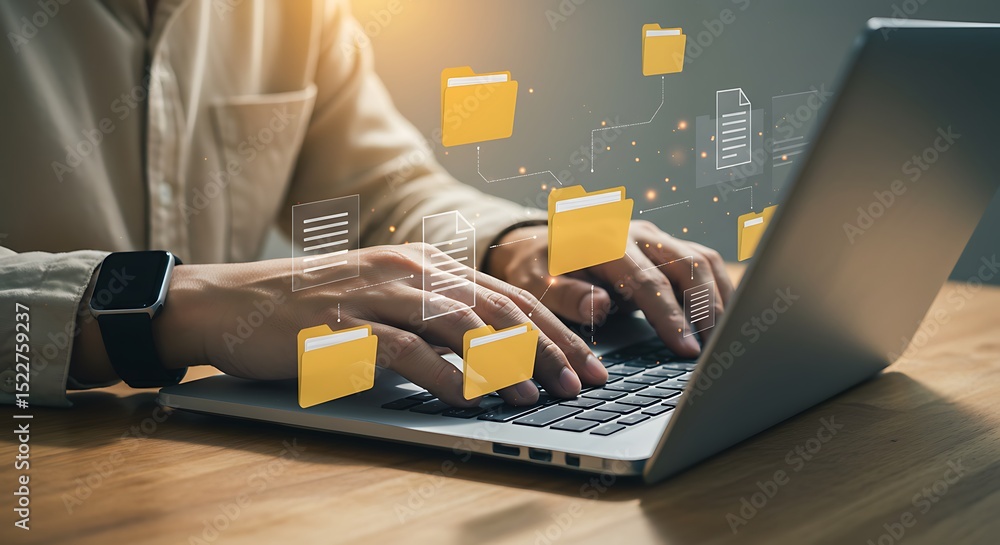 Poster man typing on laptop with digital file management and cloud storage concepts for business and techno