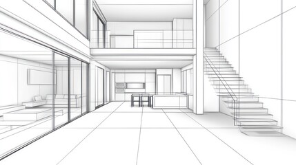 Architectural drawing of a modern open-plan home interior.