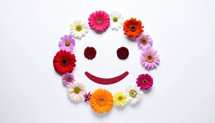 Flower-face a smiley made of colorful daisies on a white surface