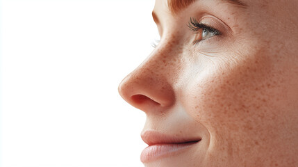 Close up of smiling woman face showing natural pores, freckles, and glowing skin with side profile view and soft lighting highlighting her eyelashes and smooth complexion
