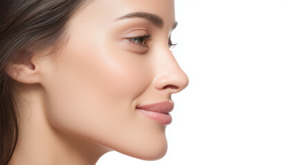 Fototapeta premium Young woman face side profile with smooth glowing skin and natural pores, showing healthy complexion and subtle smile in close up beauty portrait