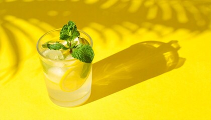 A glass of cocktail drink with mint leaf, hot summer, shadow of palm leaves