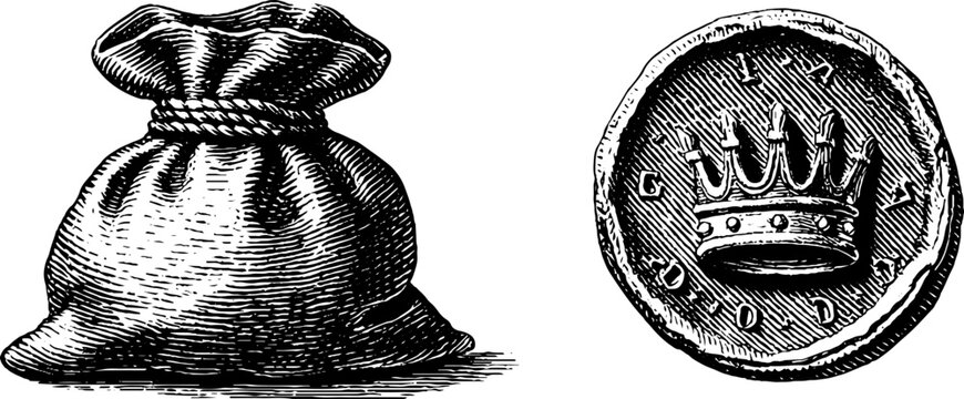 Medieval coin purse and currency engraved illustration set for historical design