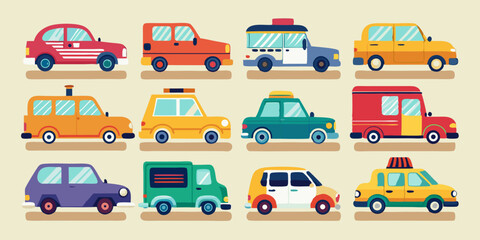 Cartoon Cars Vector Illustration featuring a diverse collection of colorful vehicles including a sedan van ambulance police car and taxi perfect for children s books