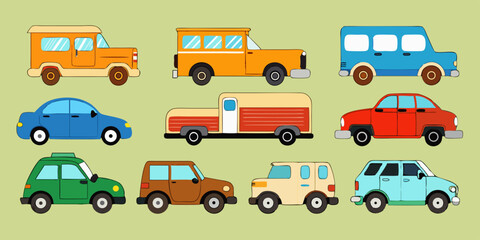 Fototapeta premium Collection of Cartoon Cars in Various Styles and Colors Including Sedans Trucks and SUVs on a Light Green Background Ideal for Children s Illustrations and