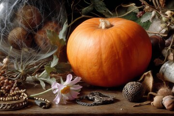 Autumn Still Life Photography Orange Pumpkin Gourd Fall Harvest Nature Decorative Elements Rustic Wooden Table Background Seasonal Thanksgiving Image web plant color scene stock leaves design beauty  