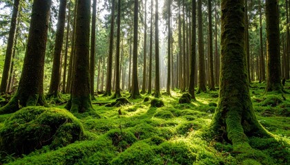 Obraz premium Magic beauty of green forest nature trees covered with moss