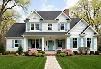 Fototapeta premium An impressive and beautiful white two-story American home featuring charming light blue shutters, a welcoming front porch, and a beautifully landscaped lush green lawn. 