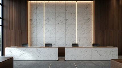 Elegant Modern Court Interior Featuring Marble Walls and Sleek Desks in Bright Lighting