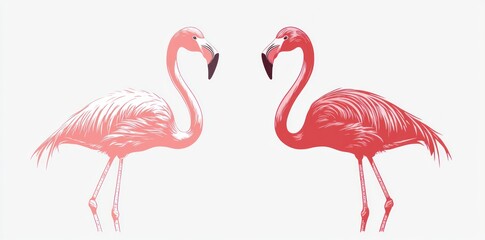 Obraz premium Stylized pink flamingo vector illustration with mirrored pair facing each other on white background in graphic art style Generative AI