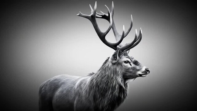 A slow cinematic animation of a pencil-drawn stag sketch with lifelike shading and hand-drawn effects, showcasing realistic fur textures and intricate antlers in a monochrome wildlife portrait