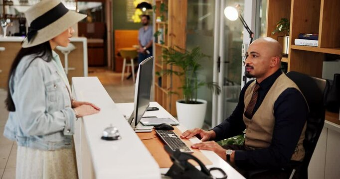 Hotel, people and stress at front desk with mistake, poor service or accommodation fail. Man, woman and fight with concierge for complaint, dispute or cost disagreement at luxury resort or lodge