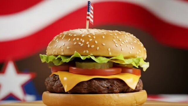 Juicy American cheeseburger with flag toothpick and tomato lettuce filling	
