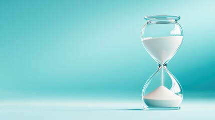 An elegant hourglass showcases the flowing white sand, representing the passage of time and the significance of moments, surrounded by a calming turquoise backdrop.