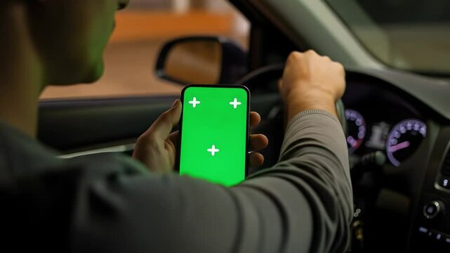 Man holding phone with green screen mockup in moving car interior	