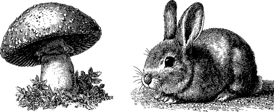 Engraved illustration of rabbit and mushroom set for nature design