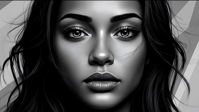 Digital grayscale portrait time-lapse of a woman&rsquo;s face forming in detail with windswept hair and expressive eyes, set against abstract geometric motion background