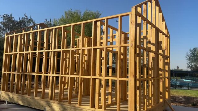 Light wooden construction of a small cabin or guesthouse in progress. Prefabricated timber structure used for building a modern and eco-friendly wooden chalet in a natural setting.