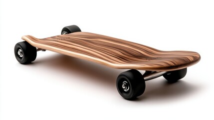 A sleek wooden skateboard features a beautifully crafted surface and smooth wheels, embodying a blend of artistry and functionality, ideal for skaters and design enthusiasts alike.