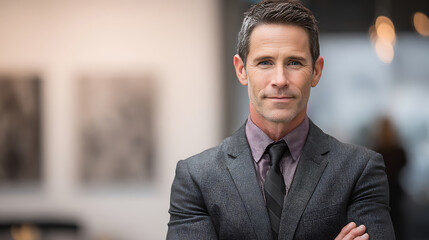 Professional financial advisor in formal suit with confident expression, upper body portrait in soft office lighting with blurred neutral background, business and finance concept.