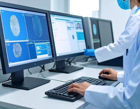 Scientist reviewing fingerprint data on multiple screens