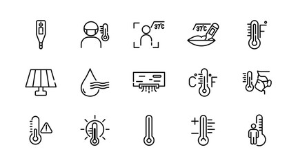 Temperature linear icon set. Weather, thermometer, Celsius, Fahrenheit, degree, fire, heat, sun, clouds, warm, cold, hot, temperature Scale, outline icon collection. UI thin vector icon pack