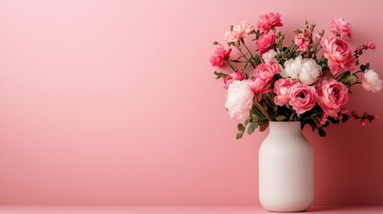A stunning arrangement of various pink flowers in a minimalist white vase, set against a soft pink background, creating a vibrant yet calming atmosphere for any space.