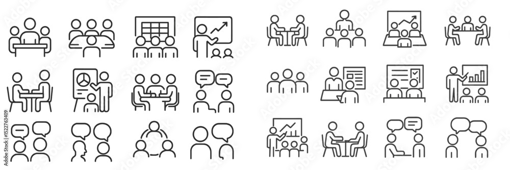 Poster various scenarios of teamwork and collaboration in professional settings presented in simple line il