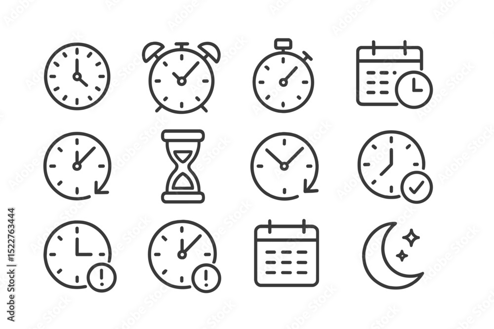 Poster variety of clock and time-related icons representing schedules, reminders, and time management tools