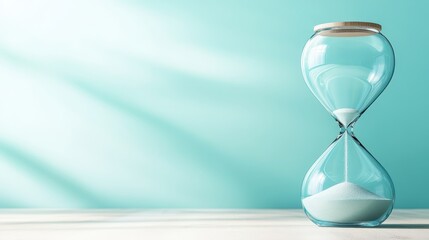 This image features an elegant hourglass filled with flowing sand, symbolizing the passage of time, mindfulness, and reflection, inviting contemplation in a serene space.