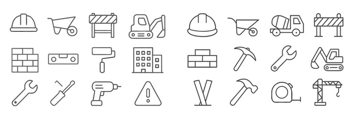 Construction tools and equipment icons representing various activities in building and renovation projects