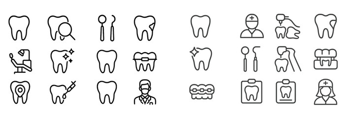 Collection of dental icons representing various dental care and health activities and settings for various applications