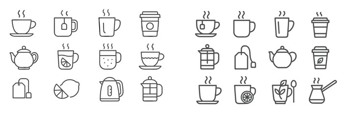 Illustration of various tea and coffee cups along with brewing equipment arranged in a creative pattern