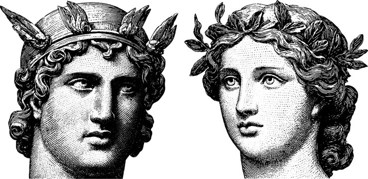 Classical roman god mars and deity engraved illustration set for historical and educational design