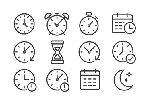 Variety of clock and time-related icons representing schedules, reminders, and time management tools designed in a minimalist style