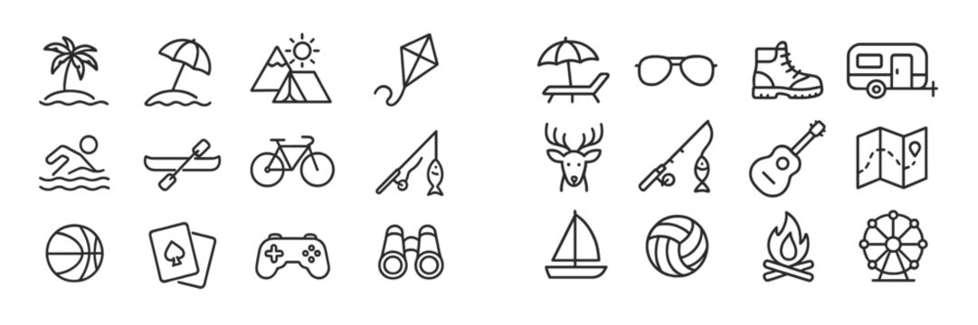 Outdoor activities and leisure icons representing summer fun at the beach and beyond - Powered by Adobe