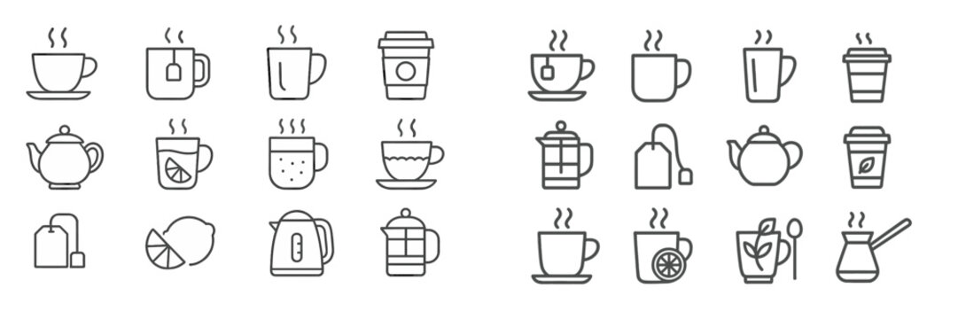 Illustration of various tea and coffee cups along with brewing equipment arranged in a creative pattern