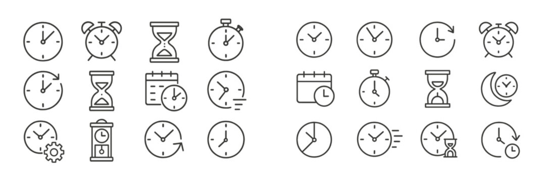 Various clock designs showcasing different types of timekeeping devices and representations of time in a minimalistic style