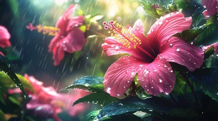 Hibiscus with Rainfall Light Reflection